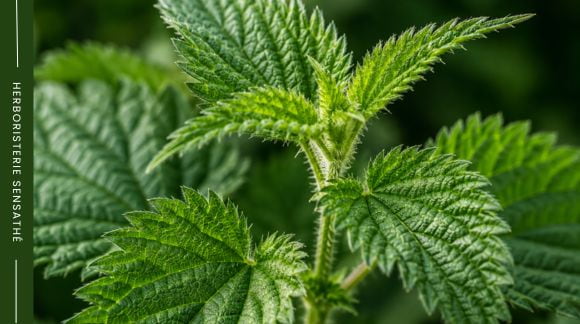 Gros plan sur une ortie (Urtica dioica), plante médicinale concernée par les précautions en cas d'hémochromatose - Herboristerie Sensathé